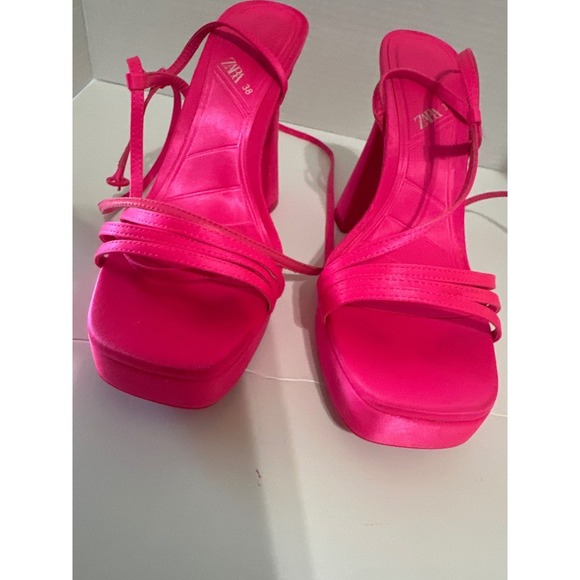 Zara Pink Platform Heels Strappy Tie Up‎ Sandals Party Flared Heel Size 38 - Picture 4 of 6